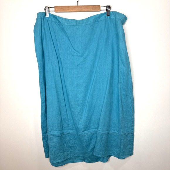 100% Linen A-Line Midi Skirt 2X Blue Beach Coastal Elastic Waist Scallop Layered - Picture 1 of 8